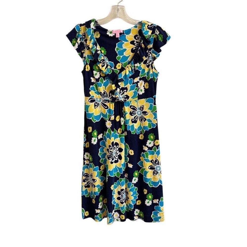 Lilly Pulitzer Clare Dress Silk Jersey Bright Navy Floral Frenzy Size Small